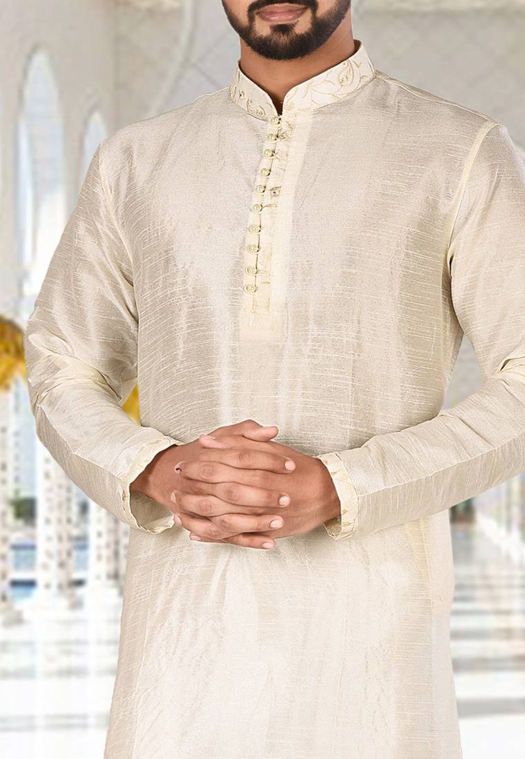 Off white dupion art silk  kurta with computerised embroidery machine work churidar