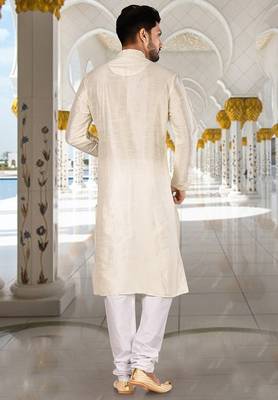 Off white dupion art silk  kurta with computerised embroidery machine work churidar 3
