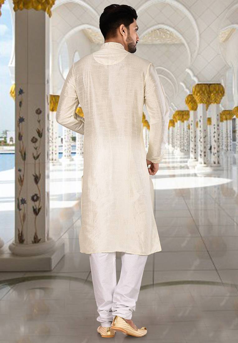 Off white dupion art silk  kurta with computerised embroidery machine work churidar