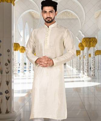 Off white dupion art silk  kurta with computerised embroidery machine work churidar 4
