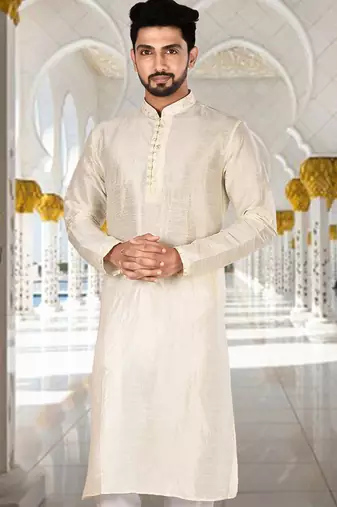 Off white dupion art silk  kurta with computerised embroidery machine work churidar