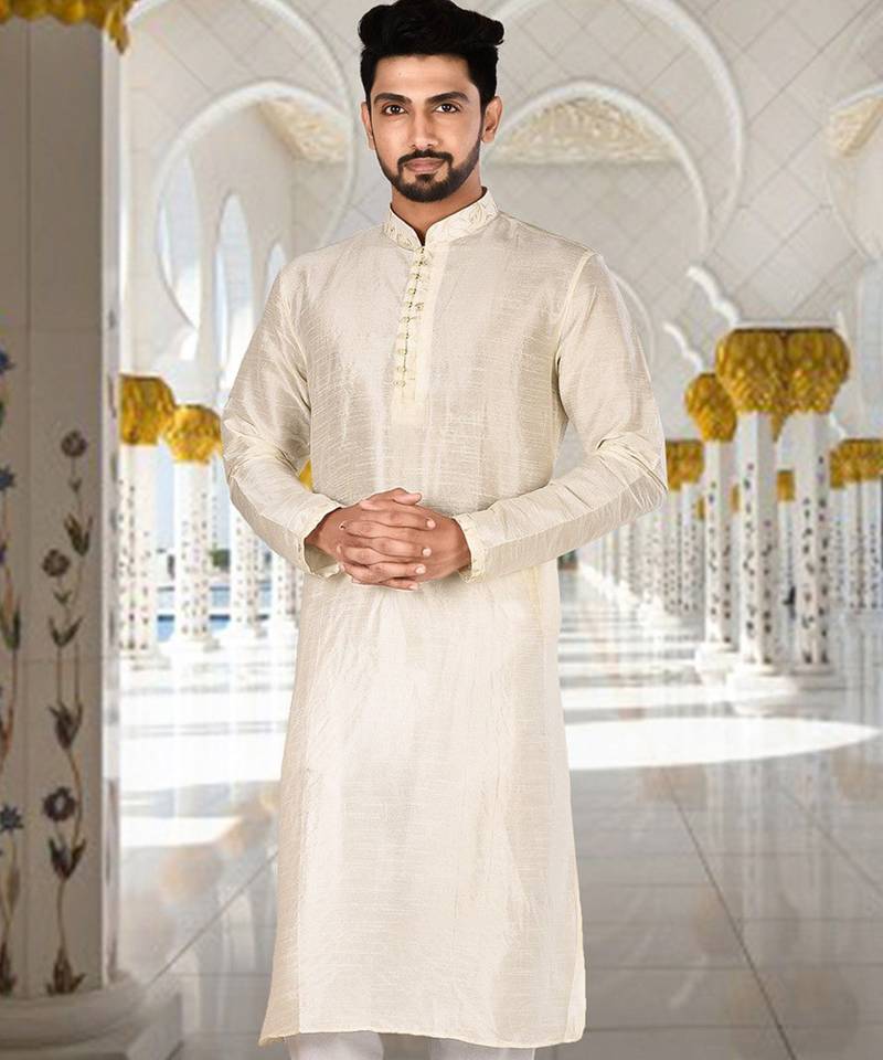 Off white dupion art silk  kurta with computerised embroidery machine work churidar