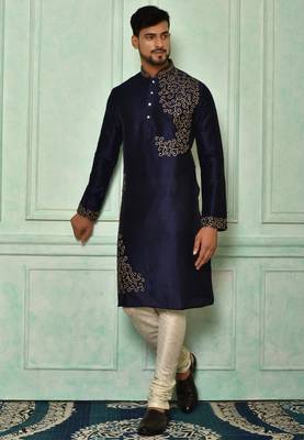 Navy blue dupion art silk  kurta with computerised embroidery machine work churidar 1