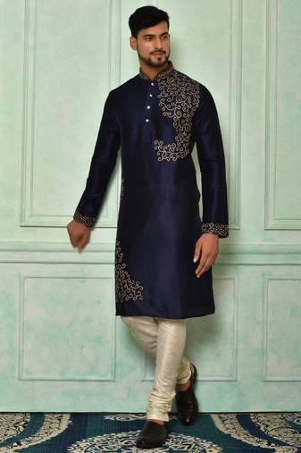 Navy blue dupion art silk  kurta with computerised embroidery machine work churidar
