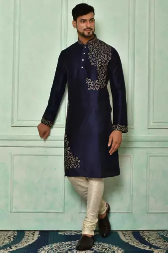 Navy blue dupion art silk  kurta with computerised embroidery machine work churidar