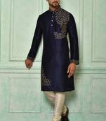 Navy blue dupion art silk  kurta with computerised embroidery machine work churidar