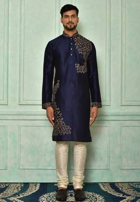 Navy blue dupion art silk  kurta with computerised embroidery machine work churidar 2