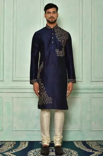 Navy blue dupion art silk  kurta with computerised embroidery machine work churidar
