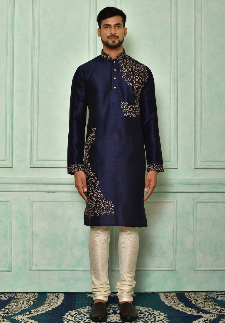 Navy blue dupion art silk  kurta with computerised embroidery machine work churidar