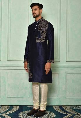 Navy blue dupion art silk  kurta with computerised embroidery machine work churidar 3
