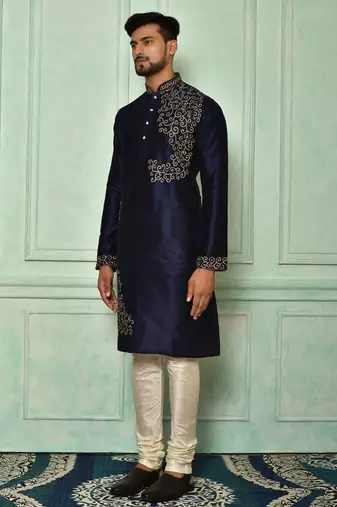 Navy blue dupion art silk  kurta with computerised embroidery machine work churidar