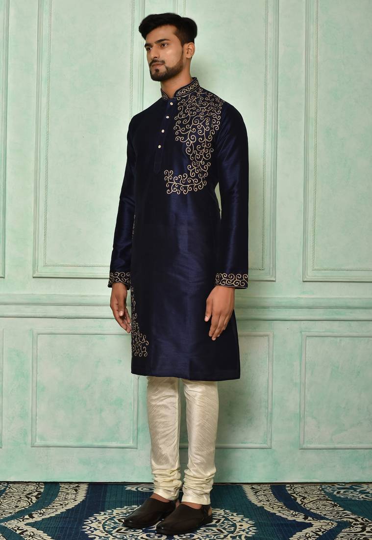 Navy blue dupion art silk  kurta with computerised embroidery machine work churidar