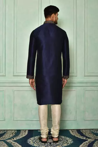 Navy blue dupion art silk  kurta with computerised embroidery machine work churidar