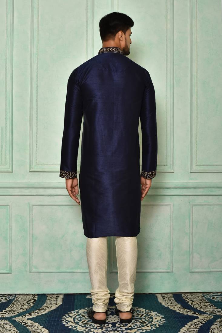 Navy blue dupion art silk  kurta with computerised embroidery machine work churidar