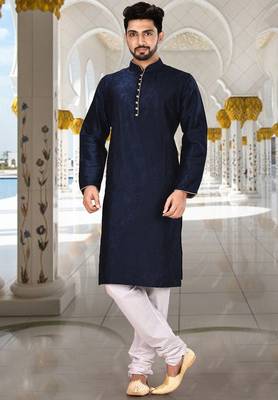 Navy blue dupion art silk  kurta with computerised embroidery machine work churidar 1