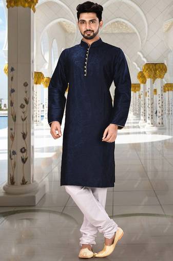 Navy blue dupion art silk  kurta with computerised embroidery machine work churidar