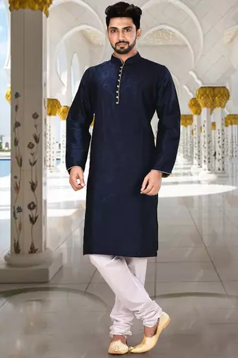 Navy blue dupion art silk  kurta with computerised embroidery machine work churidar