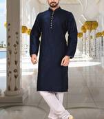 Navy blue dupion art silk  kurta with computerised embroidery machine work churidar