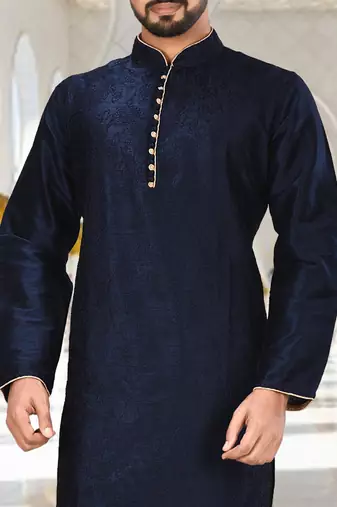 Navy blue dupion art silk  kurta with computerised embroidery machine work churidar
