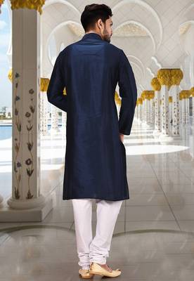 Navy blue dupion art silk  kurta with computerised embroidery machine work churidar 3