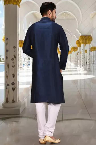 Navy blue dupion art silk  kurta with computerised embroidery machine work churidar