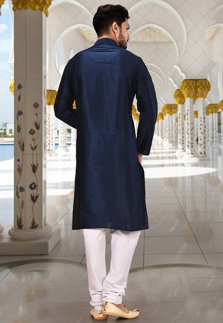 Navy blue dupion art silk  kurta with computerised embroidery machine work churidar