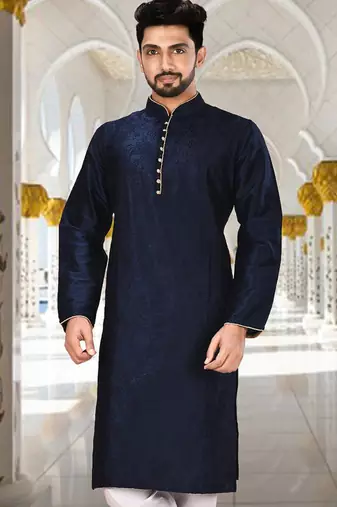 Navy blue dupion art silk  kurta with computerised embroidery machine work churidar