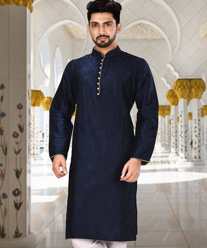 Navy blue dupion art silk  kurta with computerised embroidery machine work churidar