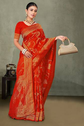 Royal Red Banarasi Satin Silk Saree with Rich Gold Zari Paisley Weaving and Traditional Pallu