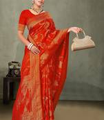 Royal Red Banarasi Satin Silk Saree with Rich Gold Zari Paisley Weaving and Traditional Pallu