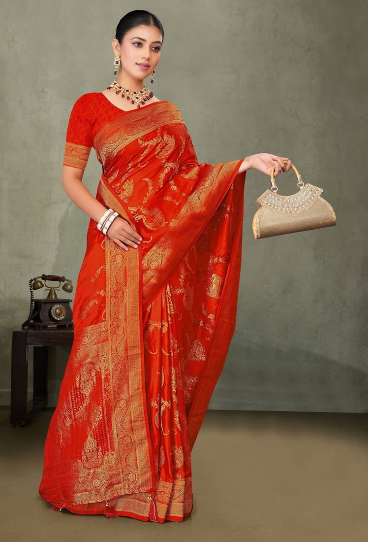 Royal Red Banarasi Satin Silk Saree with Rich Gold Zari Paisley Weaving and Traditional Pallu
