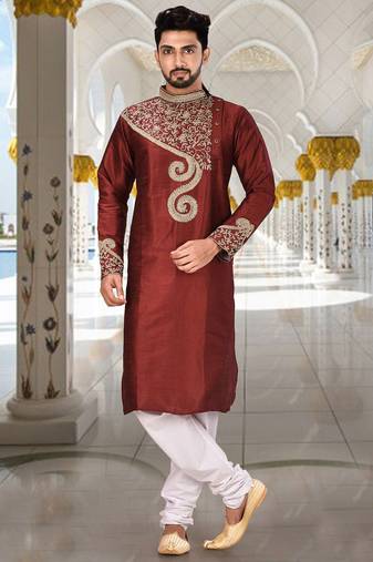 Red dupion art silk  kurta with computerised embroidery machine work churidar