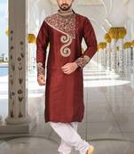 Red dupion art silk  kurta with computerised embroidery machine work churidar