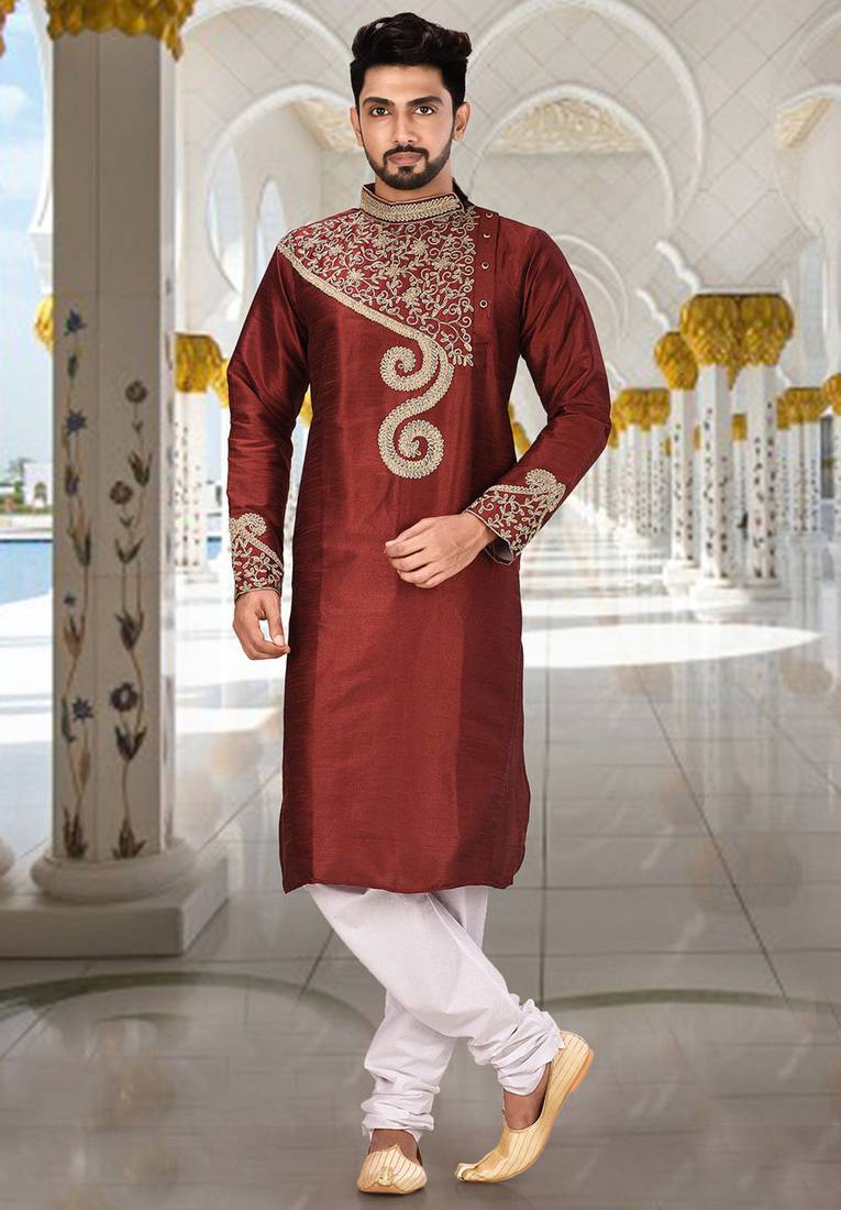 Red dupion art silk  kurta with computerised embroidery machine work churidar