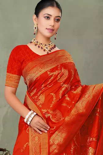Royal Red Banarasi Satin Silk Saree with Rich Gold Zari Paisley Weaving and Traditional Pallu
