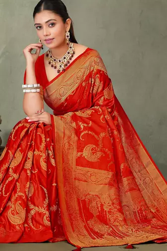 Royal Red Banarasi Satin Silk Saree with Rich Gold Zari Paisley Weaving and Traditional Pallu