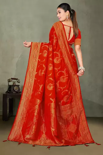 Royal Red Banarasi Satin Silk Saree with Rich Gold Zari Paisley Weaving and Traditional Pallu