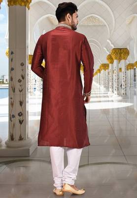 Red dupion art silk  kurta with computerised embroidery machine work churidar 2