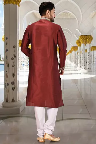 Red dupion art silk  kurta with computerised embroidery machine work churidar