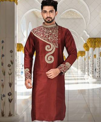 Red dupion art silk  kurta with computerised embroidery machine work churidar 3