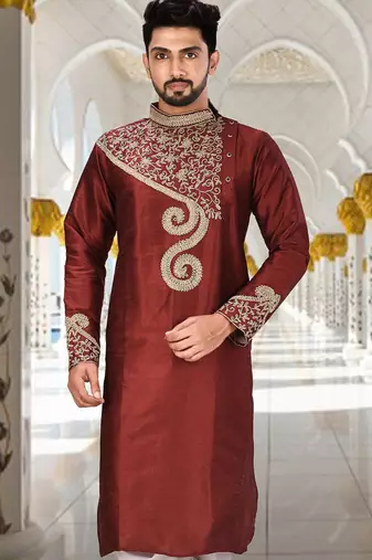 Red dupion art silk  kurta with computerised embroidery machine work churidar