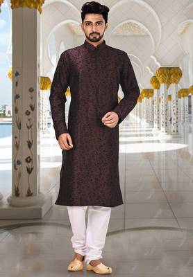 Wine dupion art silk  kurta with computerised embroidery machine work churidar 1