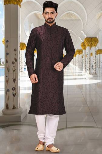 Wine dupion art silk  kurta with computerised embroidery machine work churidar