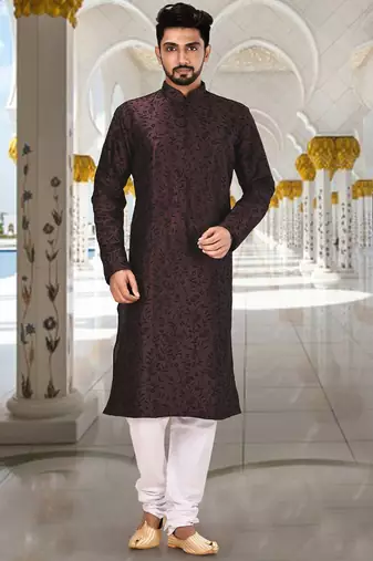 Wine dupion art silk  kurta with computerised embroidery machine work churidar