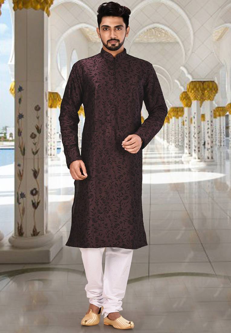 Wine dupion art silk  kurta with computerised embroidery machine work churidar