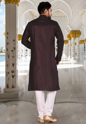 Wine dupion art silk  kurta with computerised embroidery machine work churidar 3