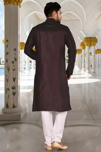 Wine dupion art silk  kurta with computerised embroidery machine work churidar