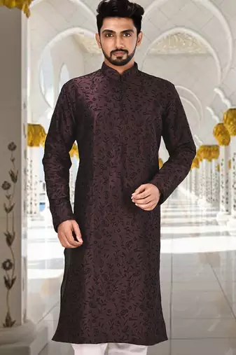 Wine dupion art silk  kurta with computerised embroidery machine work churidar