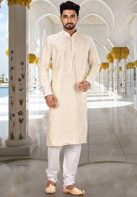 White dupion art silk  kurta with computerised embroidery machine work churidar 1