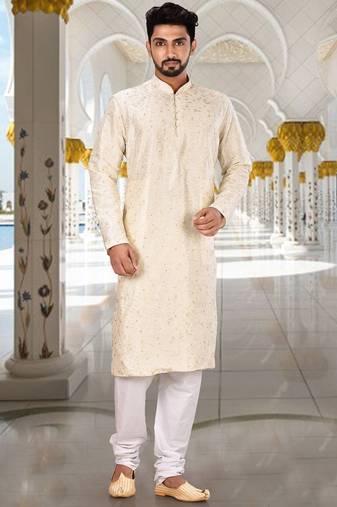 White dupion art silk  kurta with computerised embroidery machine work churidar